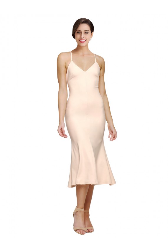 Shop Midi Cocktail Length V-Neckline Crepe Bridesmaid Dress / Prom Dress with Thin Straps and Fulted Skirt Ottawa