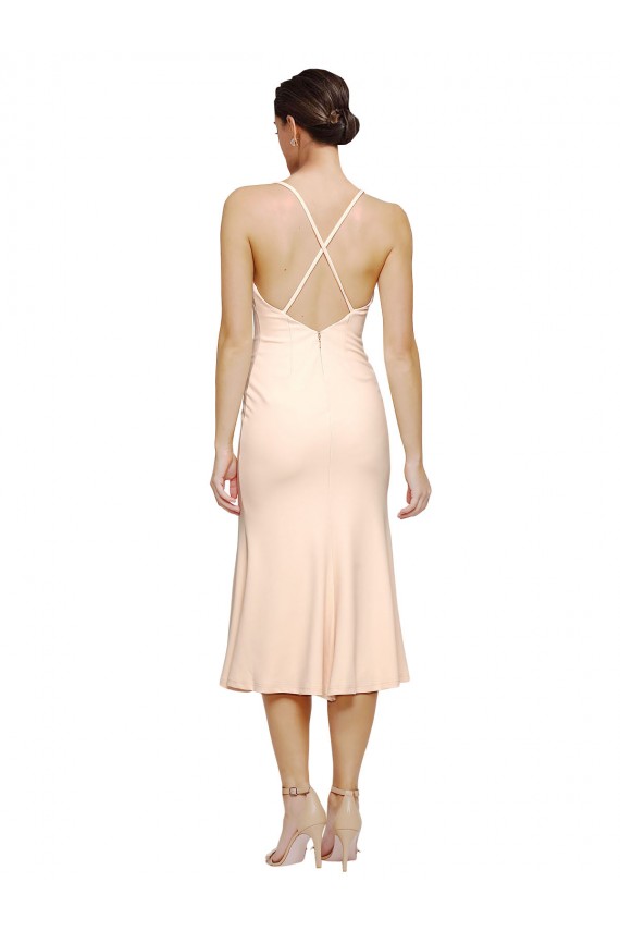 Shop Midi Cocktail Length V-Neckline Crepe Bridesmaid Dress / Prom Dress with Thin Straps and Fulted Skirt Ottawa
