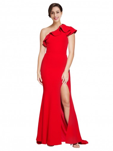 Shop One Shoulder Long Sweep Train Crepe Bridesmaid Dress / Prom Dress with Thigh High Split Ottawa