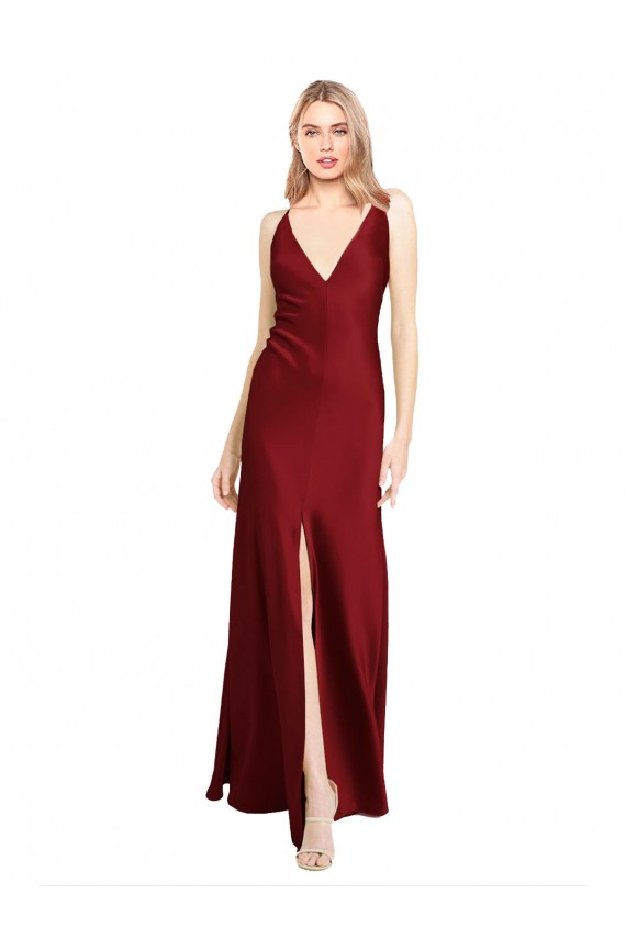 Shop Floor Length Deep V-Back Formal Stretch Satin Bridesmaid Dress / Prom Dress with Front Slit Ottawa