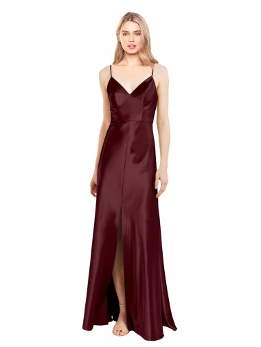 Shop Sleek Spaghetti Straps V-Neck Formal Stretch Satin Bridesmaid Dress / Prom Dress with Center Front Slit Ottawa