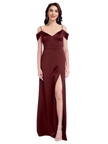 Shop Draped Off the Shoulder Sleeves Slim A-Line Formal Stretch Satin Bridesmaid Dress / Prom Dress with Side Slit Ottawa