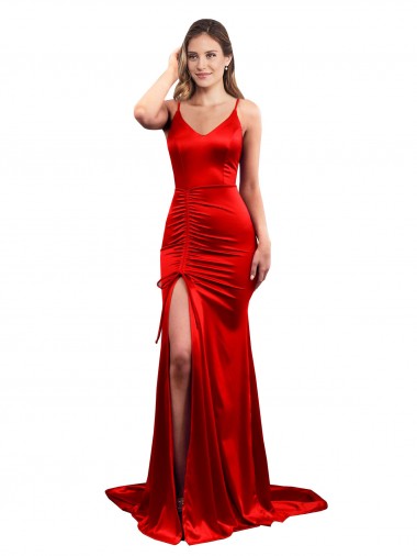 Shop Long Pleated Formal Stretch Satin Bridesmaid Dress / Prom Dress with High Slit Ottawa
