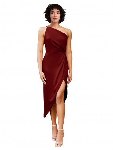 Shop One Shoulder Cocktail Midi Length Short Formal Stretch Satin Wrap Style Bridesmaid Dress / Prom Dress Ottawa