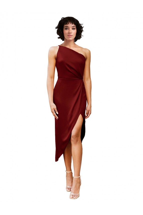 Shop One Shoulder Cocktail Midi Length Short Formal Stretch Satin Wrap Style Bridesmaid Dress / Prom Dress Ottawa