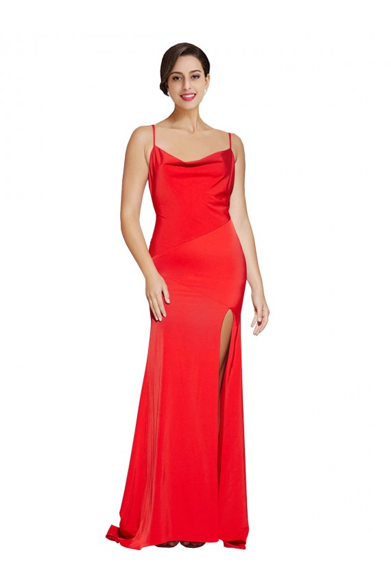 Shop Low Back Cowl Neck Formal Stretch Satin Bridesmaid Dress / Prom Dress with High Side Slit Ottawa