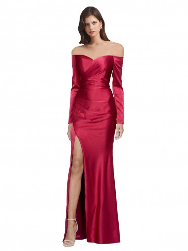 Shop Long Sleeves Off the Shoulder Formal Stretch Satin Bridesmaid Dress / Prom Dress with High Side Split Ottawa