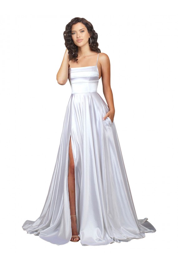 Shop Simple A-Line Corset Style Pleated Long Stretch Satin Beach Wedding Dress with High Slit Ottawa