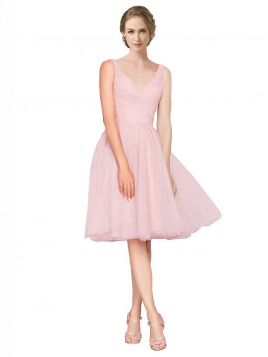 Shop Short Knee Length Wide Strap Plunge Cross Over Neckline Tulle Cocktail Bridesmaid Dress Ottawa