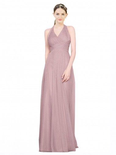 Shop Ruffled Halter V-Neck Long Tulle Bridesmaid Dress with Pleats Ottawa