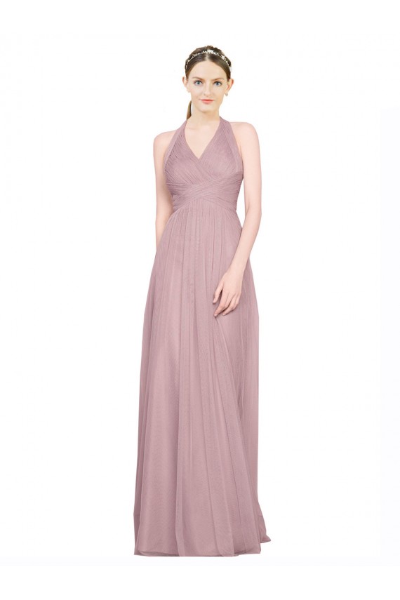 Shop Ruffled Halter V-Neck Long Tulle Bridesmaid Dress with Pleats Ottawa