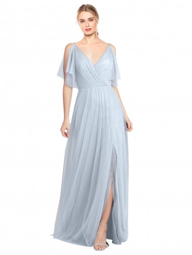 Shop Floor Length Flutter Sleeves Long Tulle Bridesmaid Dress with Side Slit Ottawa