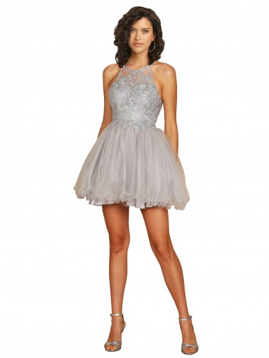Shop Halter Neckline Criss Cross Back Short Cocktail Dress with Beaded Lace Bodice Ottawa