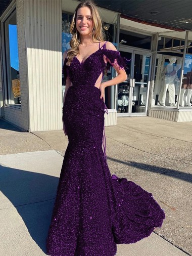 Shop Cold Shoulder Sleeveless Long Court Train Velvet Sequin Prom Dress Ottawa