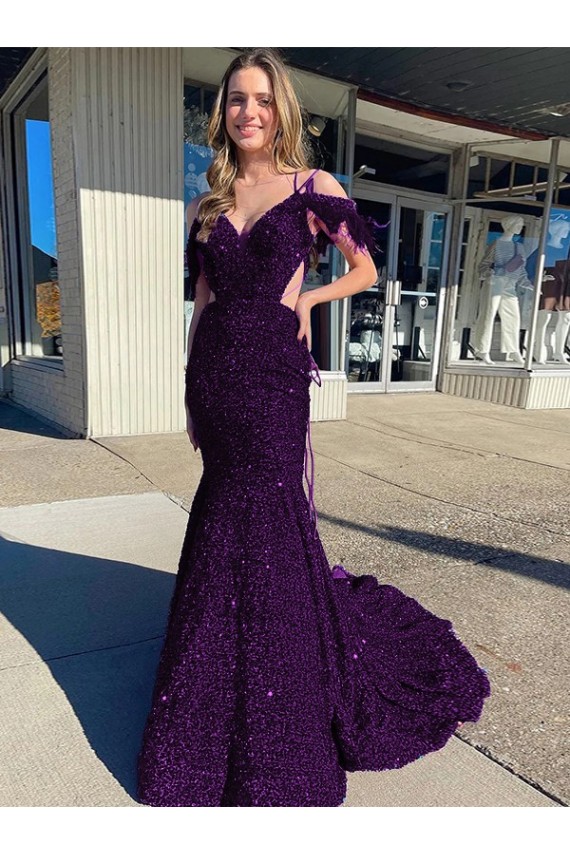 Shop Cold Shoulder Sleeveless Long Court Train Velvet Sequin Prom Dress Ottawa