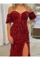 Shop Off the Shoulder Short Sleeves Long Floor Length Velvet Sequin Prom Dress with High Slit Ottawa