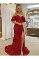Shop Off the Shoulder Short Sleeves Long Floor Length Velvet Sequin Prom Dress with High Slit Ottawa