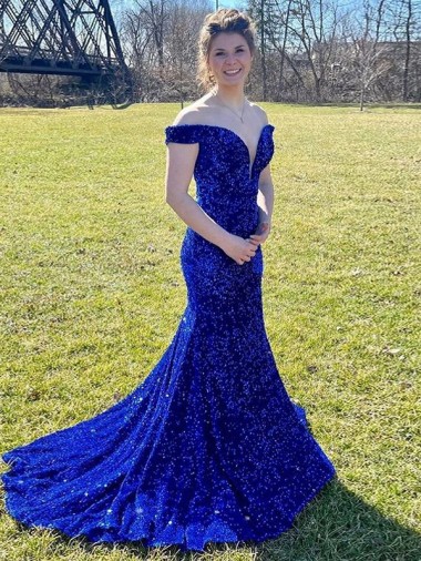 Shop Off the Shoulder Sleeveless Long Sweep Train Velvet Sequin Prom Dress Ottawa