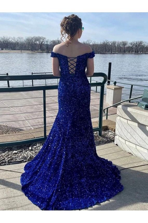 Shop Off the Shoulder Sleeveless Long Sweep Train Velvet Sequin Prom Dress Ottawa