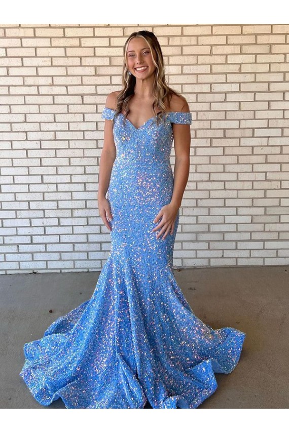 Shop Mermaid Off the Shoulder Sleeveless Long Floor Length Velvet Sequin Prom Dress Ottawa
