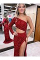 Shop Mermaid One Shoulder Long Sleeves Long Sweep Train Velvet Sequin Prom Dress with High Slit Ottawa