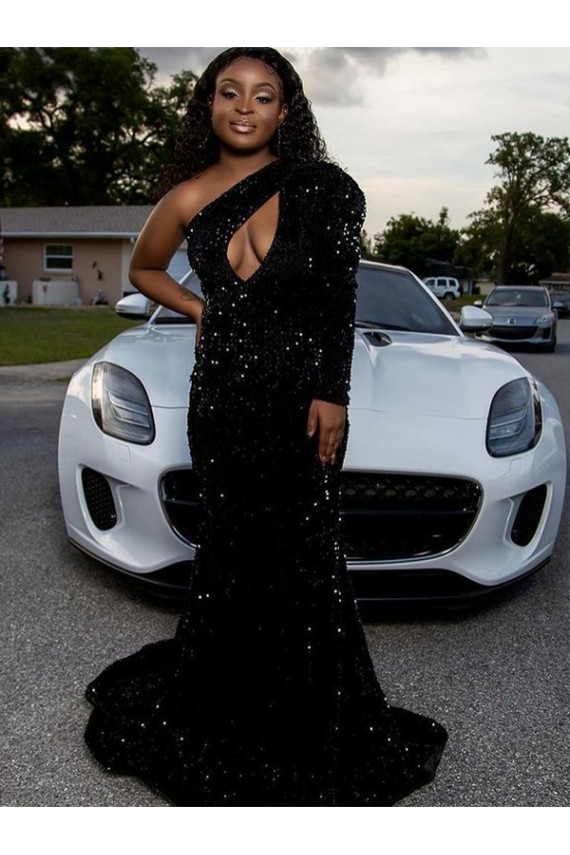 Shop One Shoulder Long Sleeves Long Sweep Train Velvet Sequin Prom Dress Ottawa