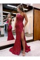 Shop Mermaid One Shoulder Sleeveless Long Sweep Train Velvet Sequin Prom Dress with High Slit Ottawa