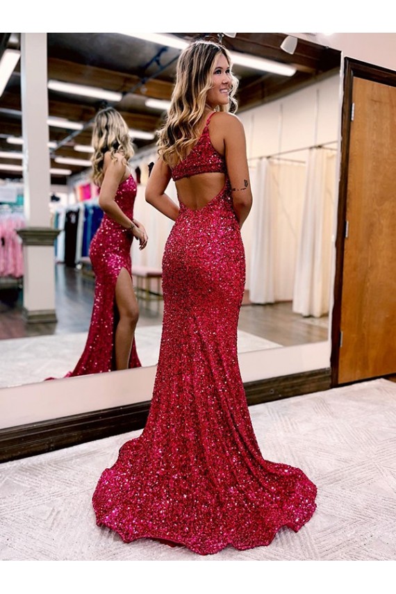 Shop Mermaid One Shoulder Sleeveless Long Sweep Train Velvet Sequin Prom Dress with High Slit Ottawa