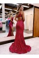 Shop Mermaid One Shoulder Sleeveless Long Sweep Train Velvet Sequin Prom Dress with High Slit Ottawa