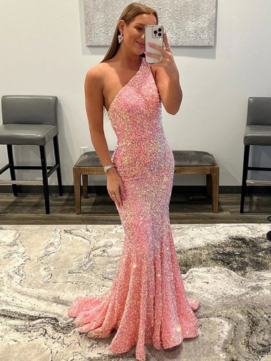 Shop Open Back One Shoulder Sleeveless Long Sweep Train Velvet Sequin Prom Dress Ottawa