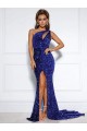 Shop Mermaid One Shoulder Sleeveless Long Court Train Velvet Sequin Prom Dress with Slit Ottawa