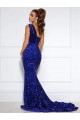 Shop Mermaid One Shoulder Sleeveless Long Court Train Velvet Sequin Prom Dress with Slit Ottawa
