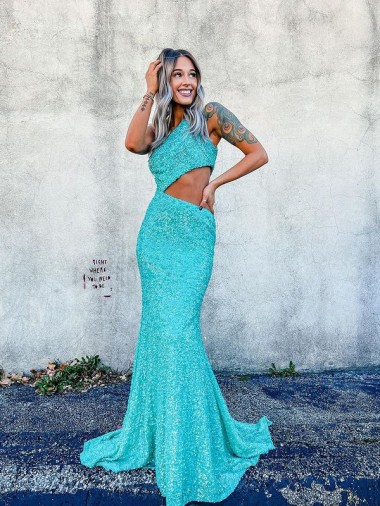 Shop Mermaid One Shoulder Sleeveless Long Sweep Train Velvet Sequin Prom Dress Ottawa