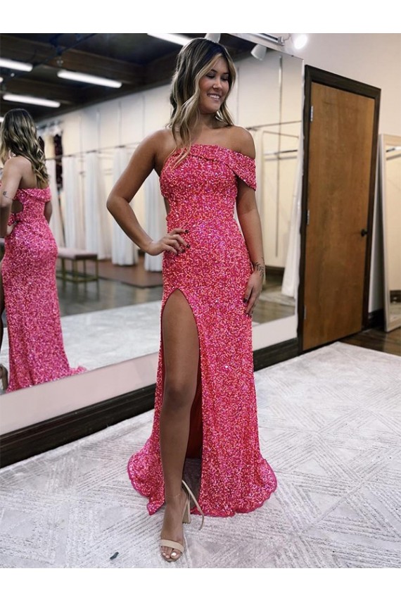 Shop One Shoulder Sleeveless Long Sweep Train Velvet Sequin Prom Dress with Side Slit Ottawa