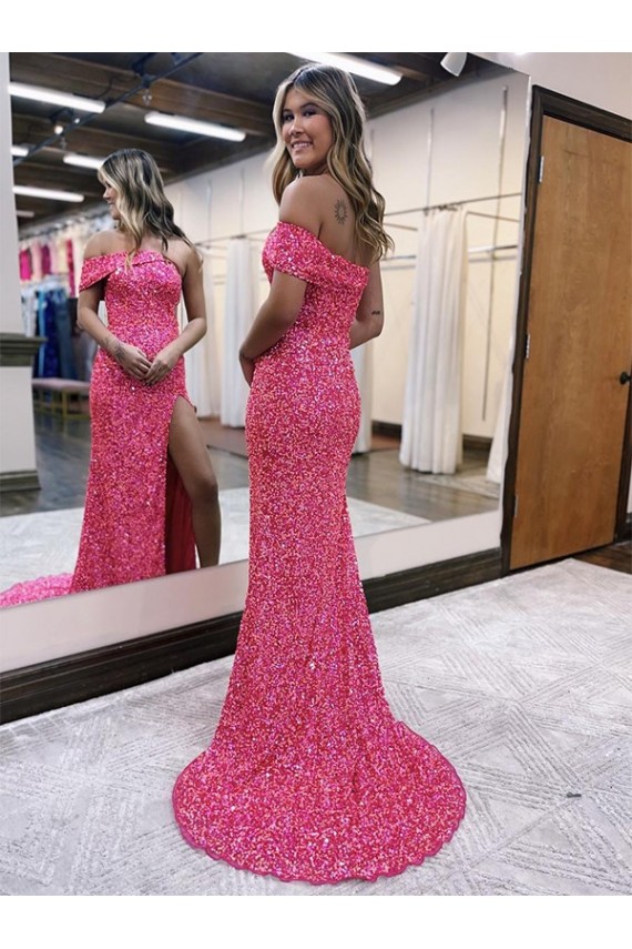 Shop One Shoulder Sleeveless Long Sweep Train Velvet Sequin Prom Dress with Side Slit Ottawa