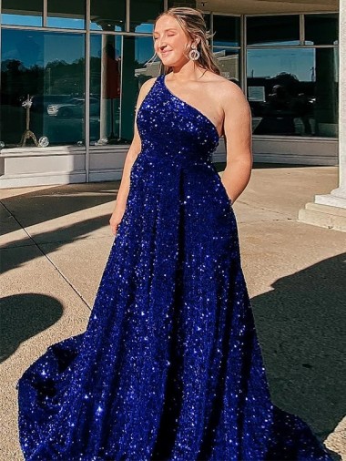 Shop A-Line One Shoulder Sleeveless Long Sweep Train Velvet Sequin Prom Dress with Pockets Ottawa