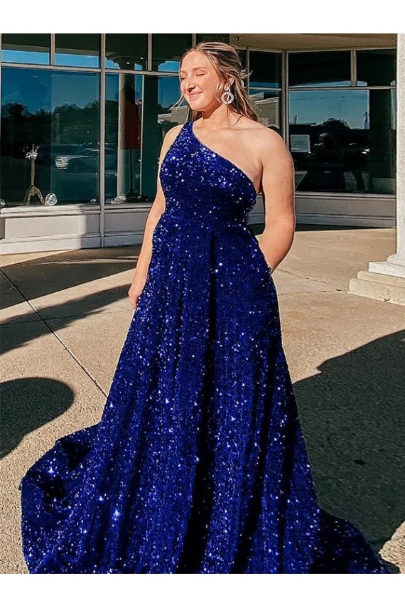 Shop A-Line One Shoulder Sleeveless Long Sweep Train Velvet Sequin Prom Dress with Pockets Ottawa