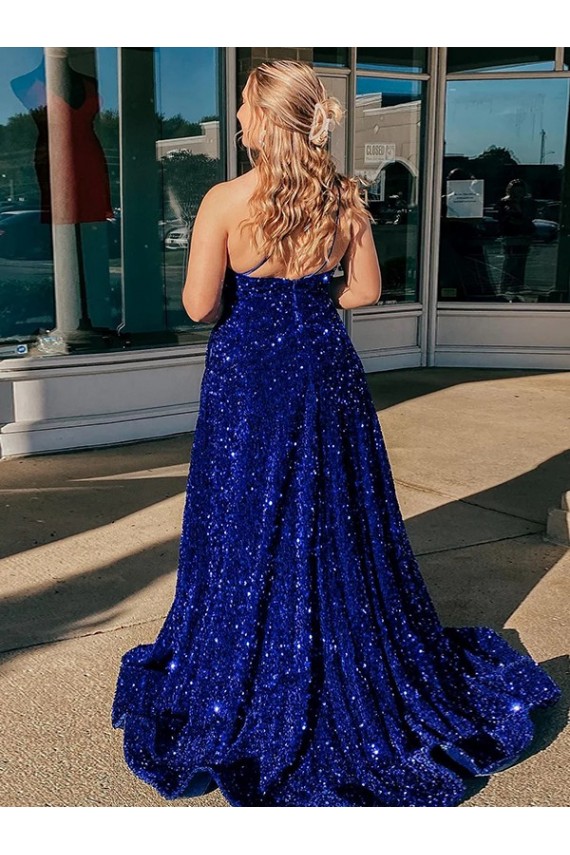 Shop A-Line One Shoulder Sleeveless Long Sweep Train Velvet Sequin Prom Dress with Pockets Ottawa