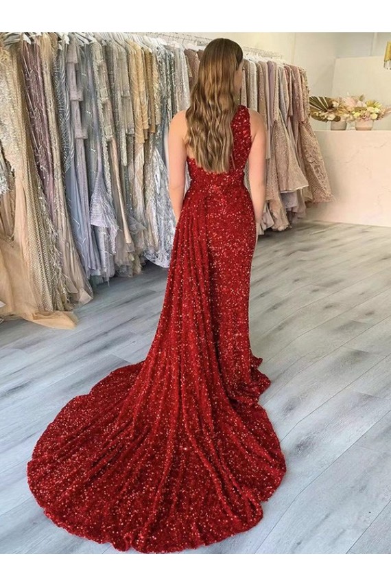 Shop One Shoulder Sleeveless Long Court Train Velvet Sequin Prom Dress with Slit Ottawa