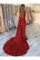 Shop One Shoulder Sleeveless Long Court Train Velvet Sequin Prom Dress with Slit Ottawa
