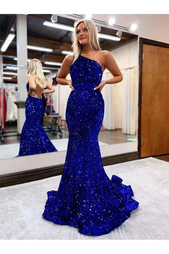 Shop Mermaid One Shoulder Open Back Long Sweep Train Velvet Sequin Prom Dress Ottawa