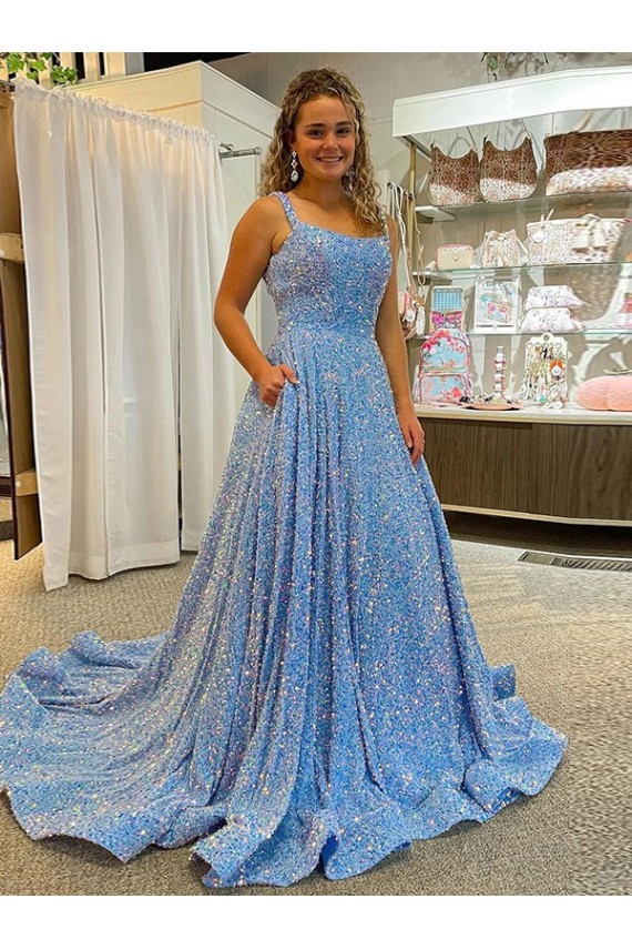 Shop A-Line Scoop Sleeveless Long Court Train Velvet Sequin Prom Dress Ottawa