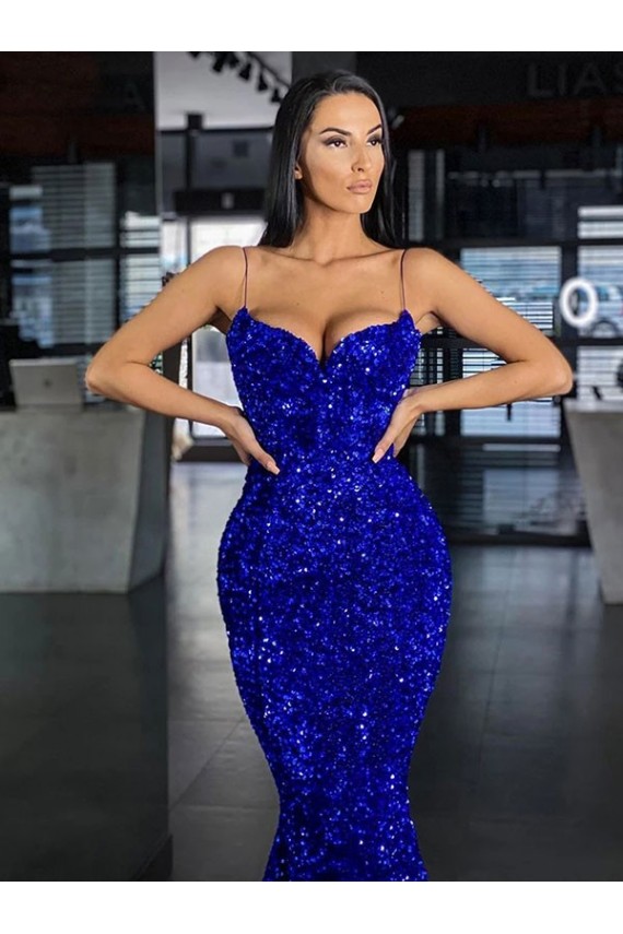 Shop Mermaid Spaghetti Straps Sleeveless Long Sweep Train Velvet Sequin Prom Dress Ottawa