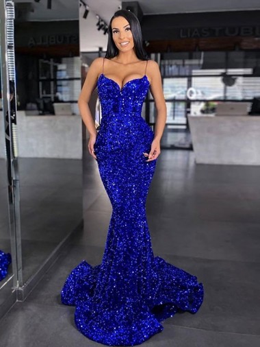 Shop Mermaid Spaghetti Straps Sleeveless Long Sweep Train Velvet Sequin Prom Dress Ottawa