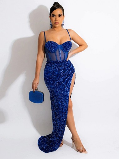 Shop Long Sweep Train Spaghetti Straps Sleeveless Velvet Sequin Prom Dress with Slit Ottawa