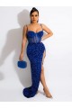 Shop Long Sweep Train Spaghetti Straps Sleeveless Velvet Sequin Prom Dress with Slit Ottawa