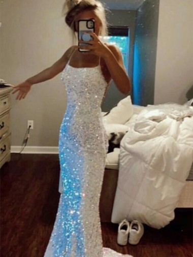 Shop Long Spaghetti Straps Sleeveless Sweep Train Velvet Sequin Prom Dress Ottawa