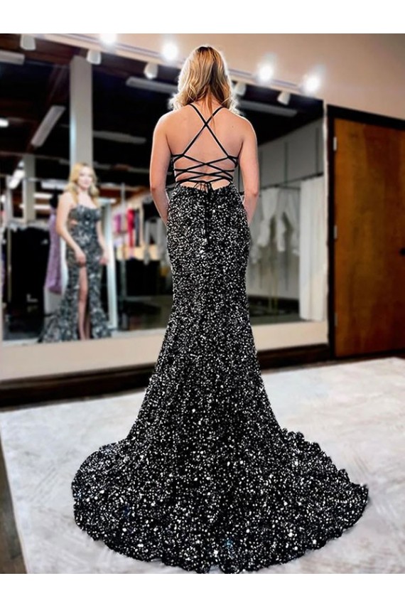 Shop Spaghetti Straps Sleeveless Long Sweep Train Velvet Sequin Prom Dress Ottawa