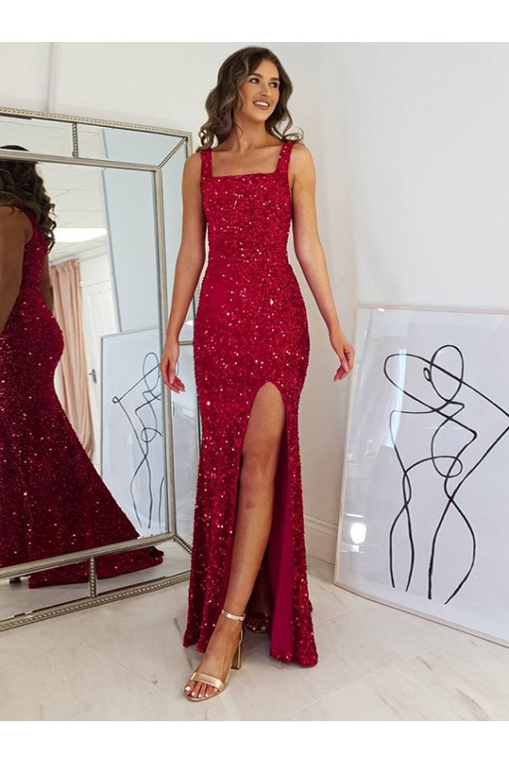 Shop Square Neck Sleeveless Long Velvet Sequin Prom Dress with Slit Ottawa