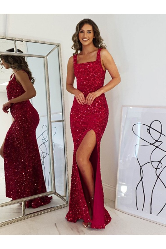Shop Square Neck Sleeveless Long Velvet Sequin Prom Dress with Slit Ottawa